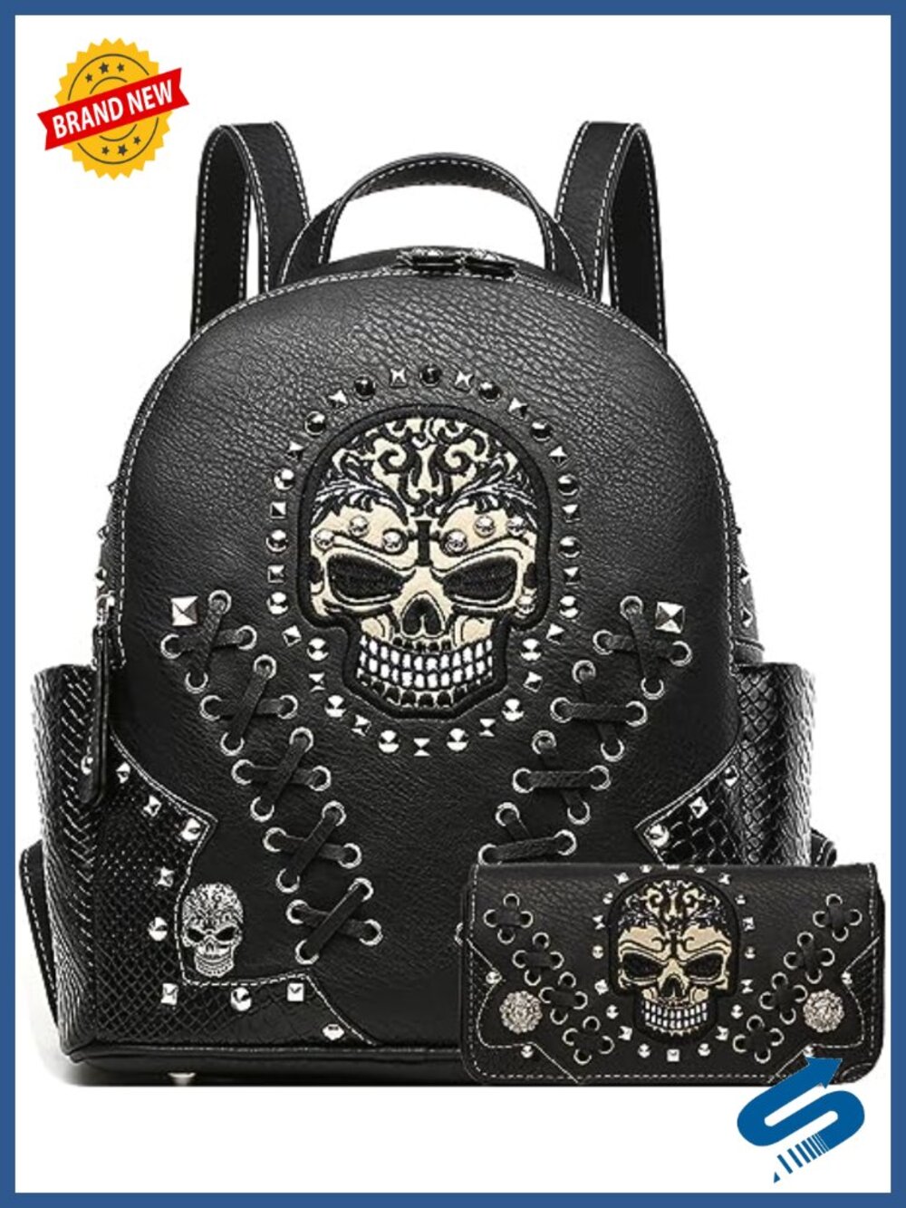 Gothic Skull Backpack Purse & Wallet Set Faux Leather Women Large